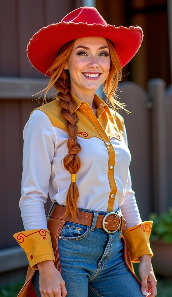 photo of a beautiful woman, (skinny:1.2), fit, detailed hair, detailed face, beautiful eyes,
((hat, shirt, animal print pants, boots, belt)), (red hair, single braid),
(blurred wild west background), (standing sexy pose), (view of front),
erotic, elegant, sensual, seductive, (masterpiece, best quality), (photorealistic:1.4), full body, perfect illumination, (best shadow),
jessiewaifu, <lora:JessieTS_character:0.7>