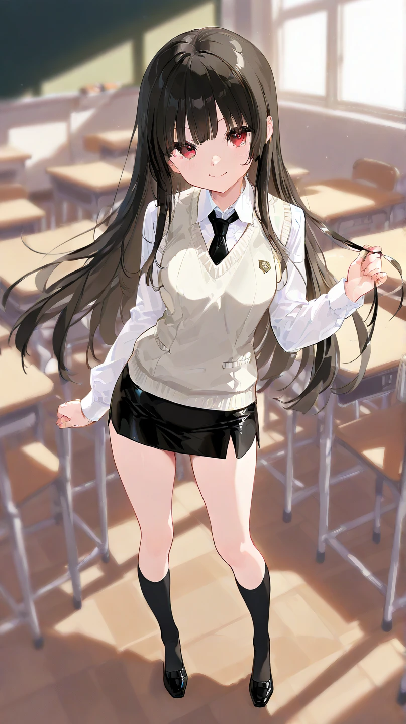 girl,in school,teacher suit,long hair,medium-length layered hair,brown hair,brown eyes,medium tits,angry expression
