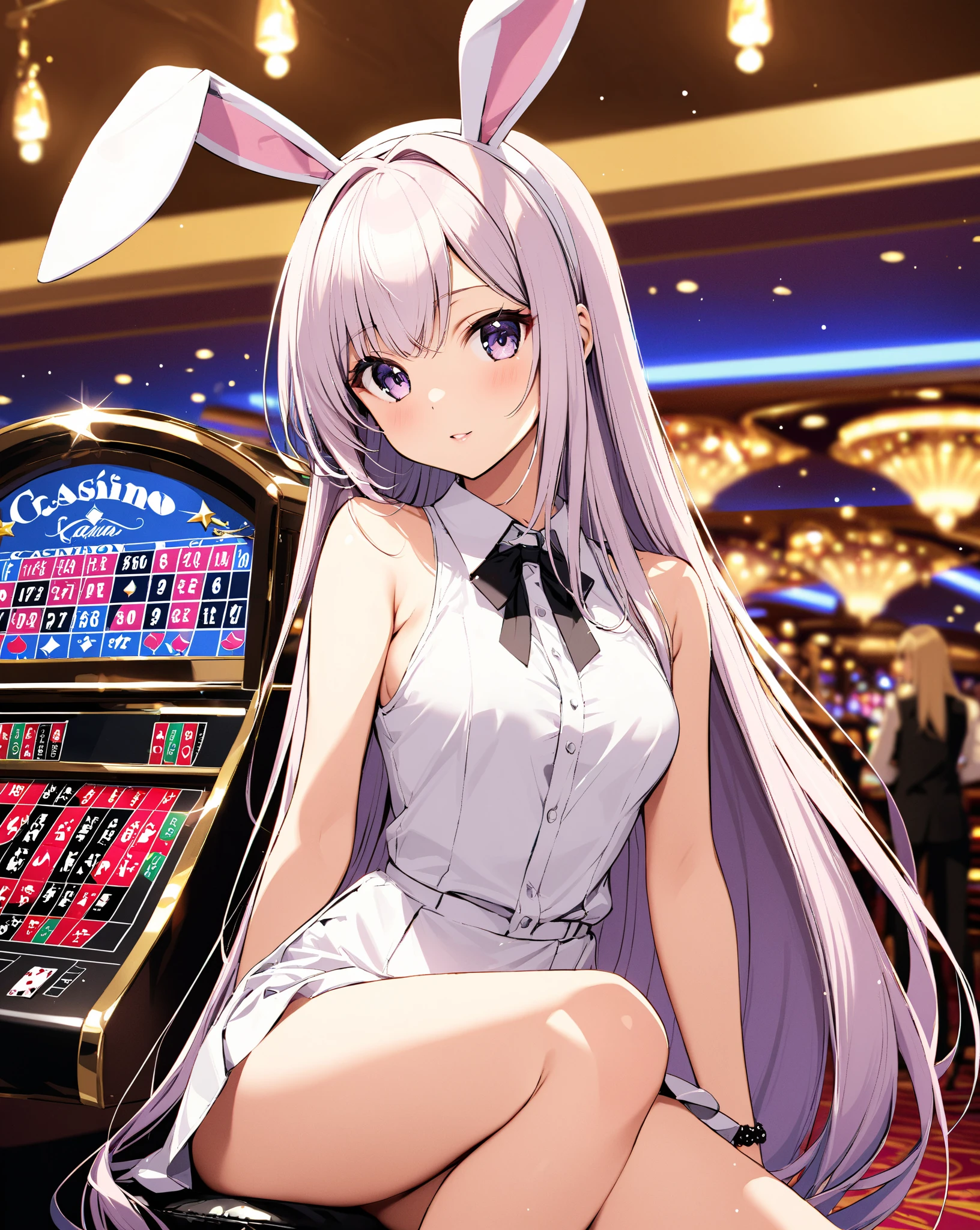 Bunny girl in the casino,emilia, Emilia re:zero, white hair, crown braid, purple eyes, hair ornament, Clamp your legs,There is a on the body,Milk flows from the breast,Wear restraints,The skin is covered with dark fur,furred,rabbitears,Fluffy tail,long whitr hair,whaite hair,Wide buttock,sweat leggs,humidity,Flush