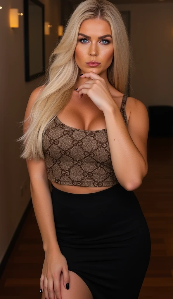 hyperrealistic beautiful busty 18-year-old women in croptop and long satin bodycon-skirt, model shooting full body photography, view from behind, natural blonde very long straight hair, dark eye makeup with eyeliner, seductive smile, small necklace and earrings, 8K, best quality, Meisterwerk, ultra high resolution, (Realismus: 1.4), Originalfoto, (realistische Hautstruktur: 1.3), (Filmkorn: 1.3), (Selfie-Winkel), 1 girl, Beautiful round hazel eyes and facial details, Meisterwerk, best quality, selfie-pic-posing outside, nsfw