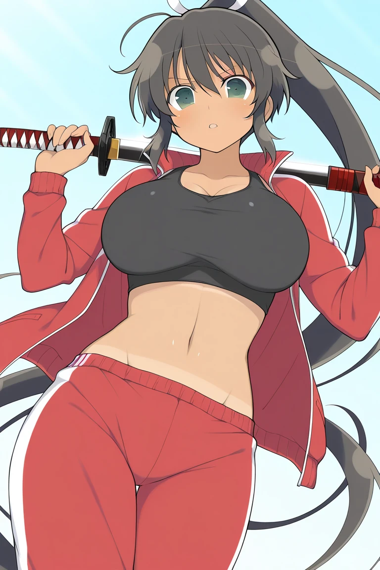 (hinata\(boruto\), (high quality, anime, cowboy shot), ((wrestling gear: red plain bra for wrestling, black tight armband, black thong for wrestling)), ((slender woman, off-shoulders, (long belly), thick arms, biceps, super detailed body, smile)), ((stretching, one arm up)), (medium-big breasts, cleavage), closed mouth), tan skin, ((floating hair, dark blue, short hair, hime cut، loose hair), (background: simple white background only), (background: simple white background only, windy), (background: simple white background only)