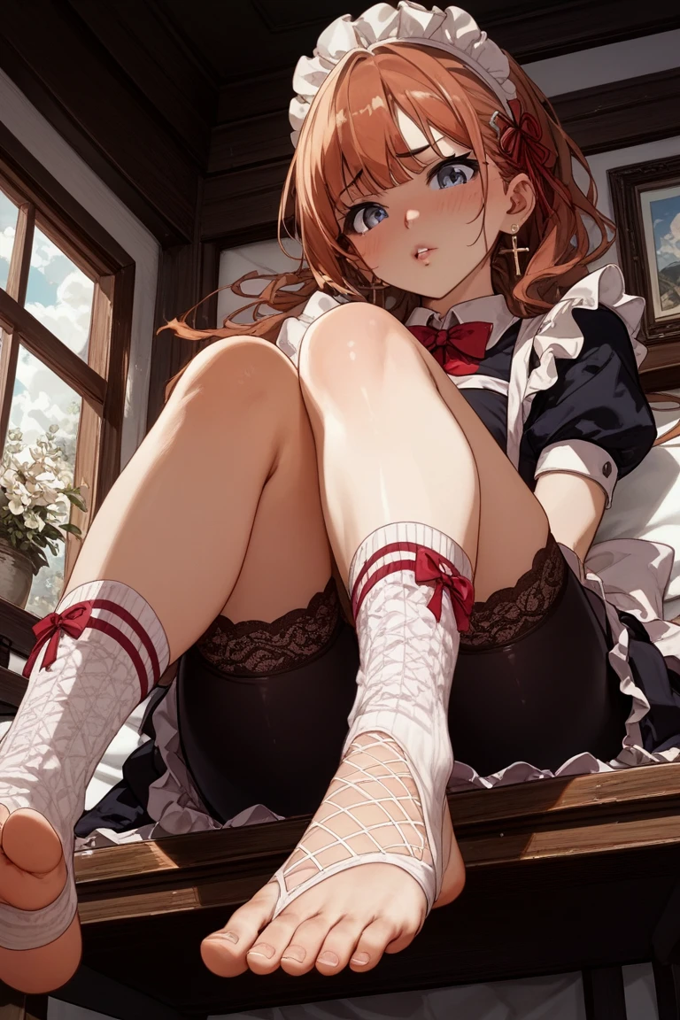 at Obstetrics delivery table She lifts up the under hem of her beige plain dress, leaning over, Climax, get ecstasy, masterpiece, very short pigtails,brown hair, Hair tie with two big red clothespins, mature, Female robot, android, blue eyes, full body figure, Height: 160cm, flushed cheeks, 2020s anime picture, missionary angle, A beautiful robot with short brown hair in two short pigtails held up by two very large huge red clothespins, Uplifting, No NSFW, whole body, spread legs, barefoot, masturbate, bedroom, lie down, Laughter, archaic smile, jumping orgasm, 2