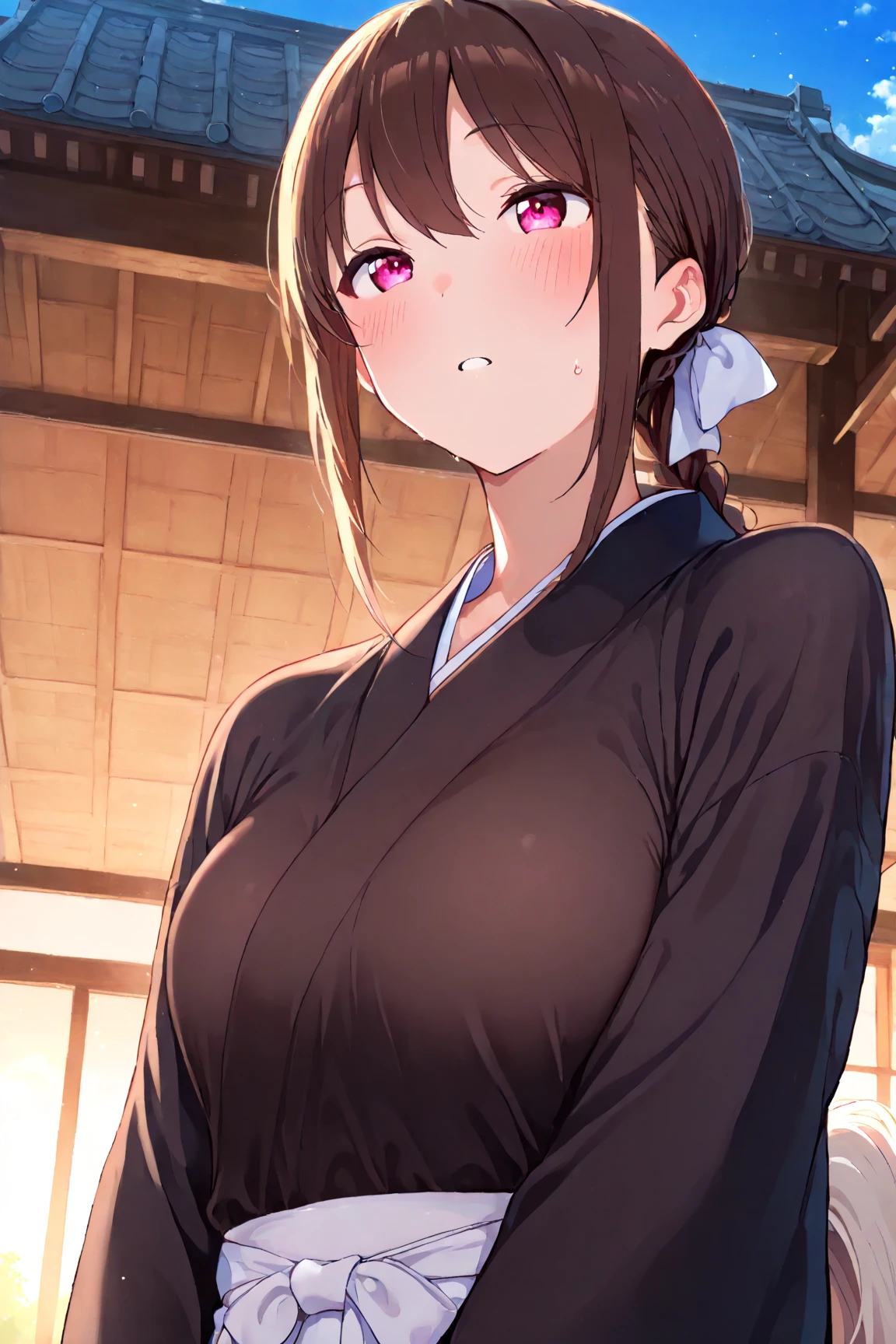 Browsing Caution,(Highest quality, 8k, masterpiece:1.3,beautiful girl), (Very detailed)Glowing Skin,(((Long Hair,ponytail,Blue Ribbon,Beautiful Hair))),(Perfect Anatomy, Anatomically correct, Very detailed肌),((Golden Eyes,Drooping eyebrows,I narrowed my eyes a little..........)),((Perfect Fingers,Five Fingers)), Baby Face, Mole under the eye,Double teeth,Big Breasts,Big Ass,high school girl,Embarrassed face,Summer festival,yukata