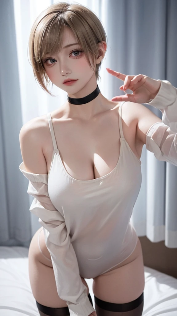 ((Highest quality)), ((masterpiece)), (detailed), (french braid), (Blonde), (Beautiful well-groomed girl:1.3), (earrings), (pointy breasts:1.5), covered nipples, white sleeveless turtleneck dress with a ribbed texture and a bodycon fit, (snowy white skin), (Blushed:1.3), upper body, from side, (put index finger on mouth:1.1), Shy laugh, Half-open mouth, Shiny skin、Thin eyebrows、tears:1.1, girl,独奏,highly detailed beautiful face and eyes