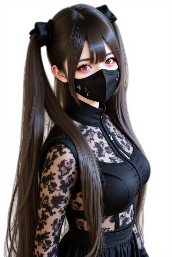 Make a girl of approximately 17 years old, in the style of Naruto, with a mask from neck to nose, a completely black outfit, an Anbu mask on the side of the head, The girl is Madara Uchiha's daughter, and has a Mangekyou sharingan