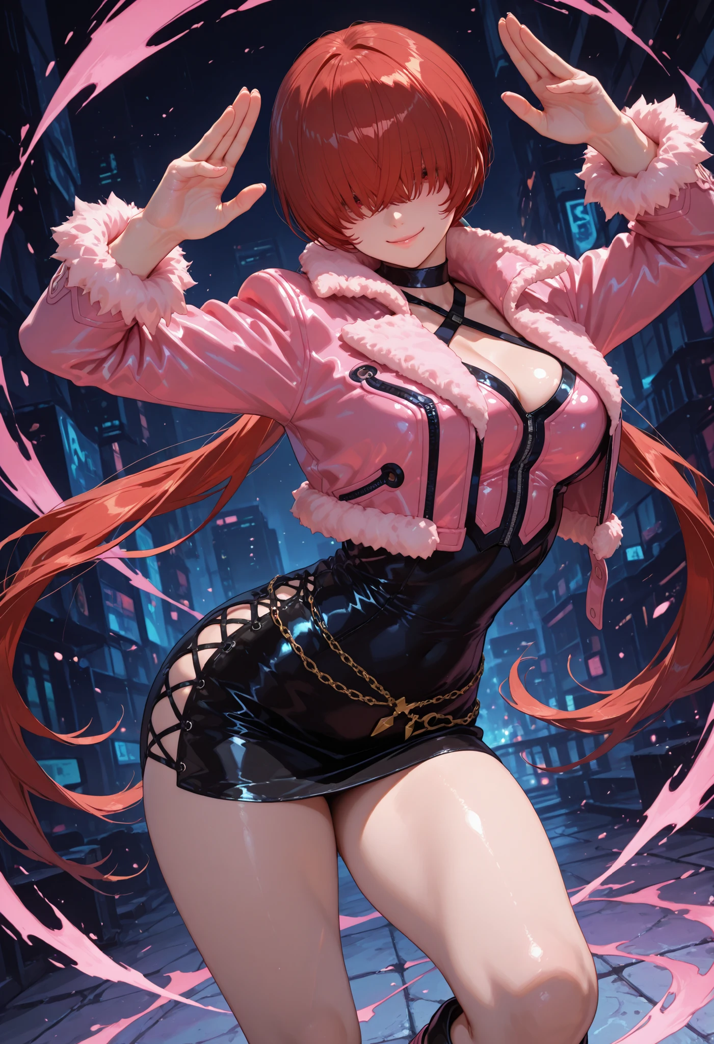 (at night), in a video game scene with a neon background and a neon light, standing at attention, pink suit, pink jacket, choker, neckline, cut of clothing, earrings, has long bangs in her hair that covers eyes ((hair over eyes)), 1 girl, 20 years old, young woman, beautiful finger, beautiful long legs, beautiful body, beautiful nose, beautiful character design, perfect face, looking at the viewer (focusing on her face) , closed mouth, Light_Smile, official art, extremely detailed CG unity 8k wallpaper, perfect lighting, bright and colorful front lighting, glowing skin, (masterpiece: 1.0), (best_quality: 1.0), ultra high resolution, 4K, photography ultra detailed, 8K, HDR, high resolution, absurdities:1.2, Kodak portra 400, film grain, blurred background, bokeh:1.2, lens flare, (vibrant_color:1.2), professional photography, (Beautiful, breasts: 1.4), (beautiful_face: 1.5 ), (narrow waist),