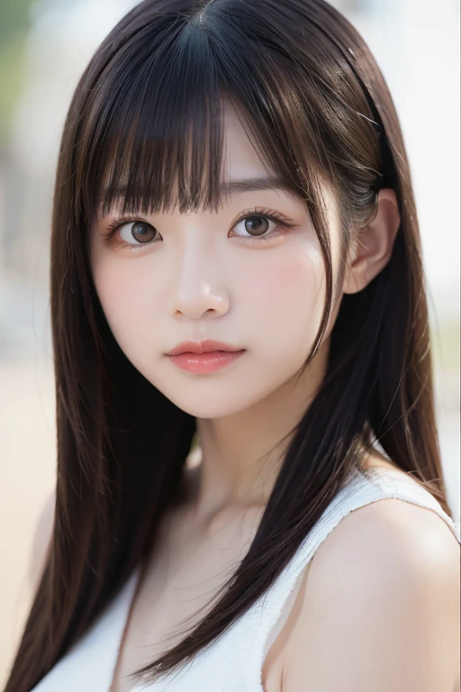 (1 Girl )、(Beautiful Japanese、18years old,round face、Refreshing、clear、seems kind、stylish、Pitiful、cute like an angel、cute、black eyes、,actress,Almond-shaped eyes,Translucent white skin、Beautiful skin), Japan human face , (((Beautiful breasts:0.4))),(((soft breasts))),(very cute),(Black hair),(enchanting eyes),(highlight on eyes:1.2)、(8K、Live shooting、highest quality、masterpiece:1.2、optimal lighting)、((masterpiece)),(Photo taken by a professional photographer),(real、photo real:1.4),break,{ (Cute summer clothes)},(cheeks are red:1.3), break, break,Face shot:1.3、 face close-up,Looking at viewer、From above,happy,Lonely face,,Japanese countryside shrine,evening、Japanese countryside,evening、sunset、(Cleavage:0.1)