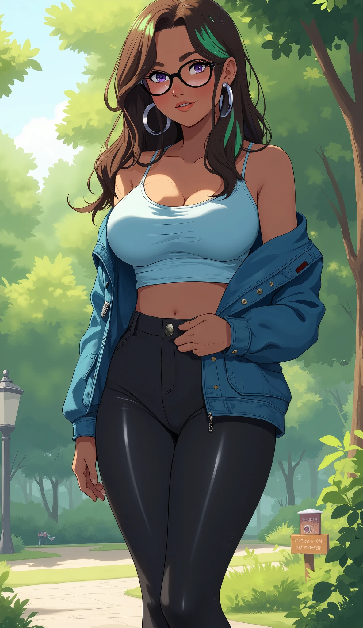 uma jovem. long hair down to the hips, ondulado e solto, and has brown hair with green highlights and highlights, lilac eyes, pele morena escura. She has large round silver earrings on her ears and wears round myopia glasses with black rods. She wears a simple and tight light blue blouse, um sobretudo jeans , Leggie pants black, simple sneakers on her feet. she has a thin body, with medium breasts and a bulky and large butt. She is in a sunny park, with one hand around her waist and a distracted look
