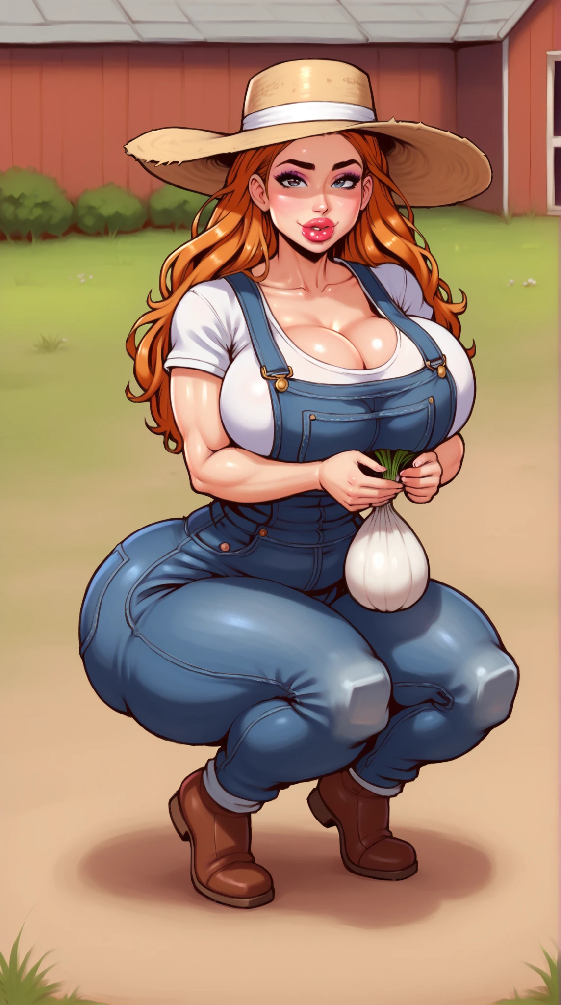 Redhead milf, large saggy breasts, wrinkled skin, gingerly stroking an erect penis, smirking seductively, kneeling in the grass