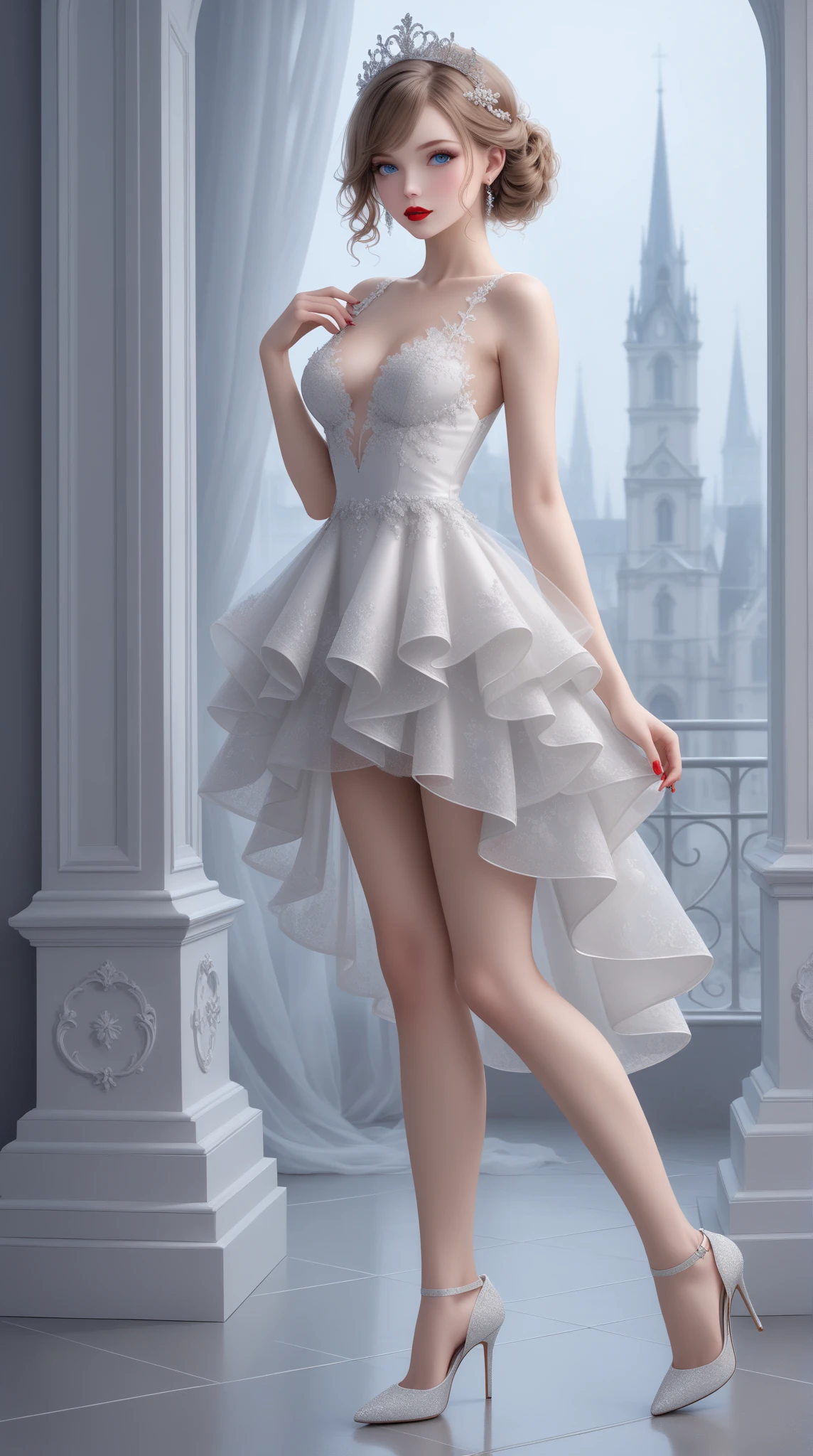 best qualtiy,tmasterpiece,A high resolution,1girl,Full body like,frontage,Tulle skirt,Transparent skirt,White lace bra,white stockings,White lace panties,hair adornments,choker necklace,jewely,beautiful face,Physically,dingdall effect,realisticlying,edge lit,twotonelighting,(highdetailskin:1.2),8k uhd, dslr, softlighting, high high quality, volumettic light, photore, A high resolution, 4k, 8k, Background bokeh,