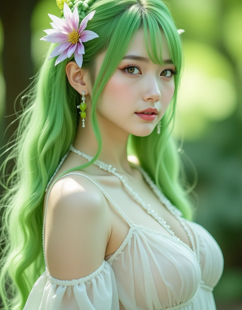 Best Quality, 4K, 8K, hight resolution, masterpiece, Ultra-detailed, Realistic, Photorealistic, Cinematic lighting, Beautiful detailed glow,Light leak, amazing, Intricate details, Green hair, A cute Japanese woman, Small breasts, There is a woman sitting in the forest with flowers in her hands, Dryads in the forest, goddess of the forest, enchanted with nature spirit, nature goddess, forest soul, Forest Dryad, nature goddess, inspired by Igor Kieryluk, forest fae, forest spirit, earth goddess mythology, Mother Nature, Wearing a green bra, nsfw, shy smil,