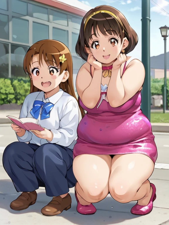 16k, 2girls,Hanami Saki,blush,big breast,white background,looking view,masterpiece,high quality ,(breast focus),(embarrassing) ,((nude)),nipple, (nipple-to-nipple ,yuri ),sweat,steam, {ombra}, brown hair, red dip-dye hair, ahoge, medium hair, single braided bun, wavy hair,looking view, yellow-brown eyes, earrings, nude,big breast,nipple, (nipple-to-nipple,yuri