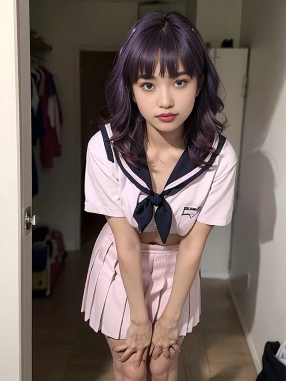 Ayane, purple hair, red eyes, (best quality, ultra-detailed), (realistic:1.37), beautiful and detailed face, ultra-realistic texture, delicate face, delicate body, red lipstick, long-lasting colors. high definition, 8K. expression with a sexy look