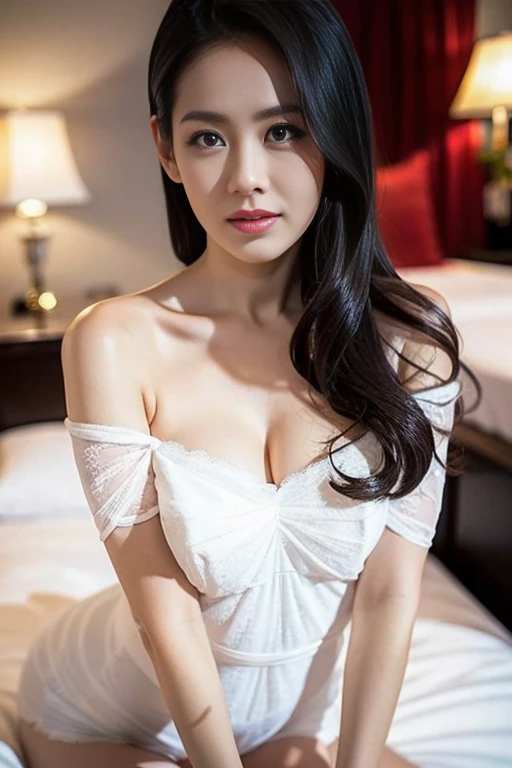 , (Mature body), Solitary,Long gray hair,black hair color, Off-shoulder, black eyes,1 Sister,A sexy pose,best quality,masterpiece,light,Extremely exquisite and beautiful,CG,Unite,8K Wallpaper,Astonishing,detailed,masterpiece,Official Art,The content is very detailed Cg Unite 8K Wallpaper,Extremely ridiculous,Huge file size,ultra - detailed,high resolution,The content is very detailed,Beautiful and delicate girl,Practical,full,Hotel Room,Light Contrast, Lopez, fully body photo, full, White under underwear