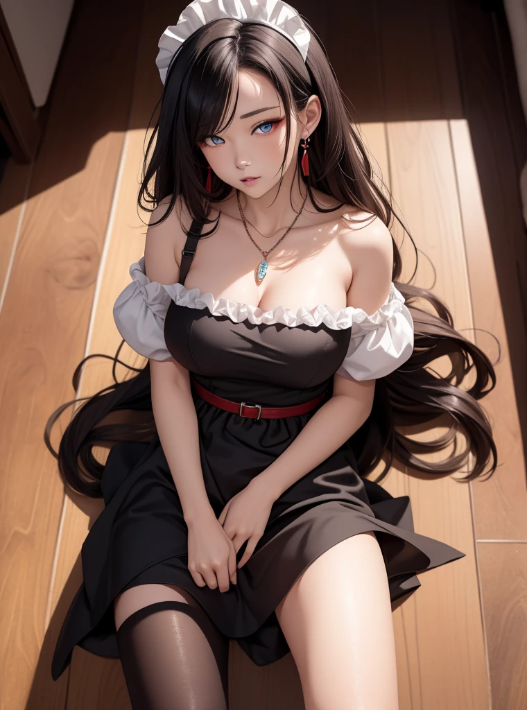 (8k, RAW photo, best quality, master:1.2), (realistic, photo-realistic:1.37), ultra detailed, 1 girl, cute, solo, beautiful detailed sky, detailed face, night, (nose blush), (smile: 1.1), big breasts, beautiful and detailed eyes, buttoned unbuttoned, (chest wrap: 1.1), mini skirt, (long hair: 1.2), eye shadow, round face, big eyes, full body photo, bare shoulders, indoor, lying on bed, M legs