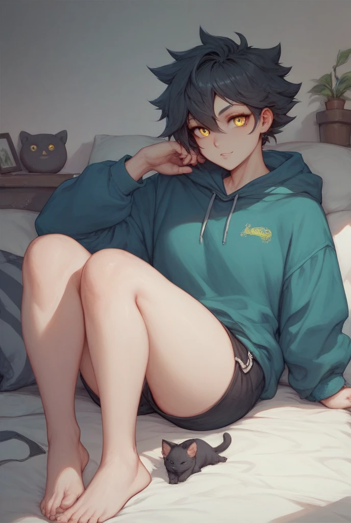 ((1boy)), blue eyes, messy blomde hair, close up view, wolf ears, wolf tail, black hoodie, black booty shorts, slim waist, big thighs, looking at viewer, fangs, angry, living room, sharp nails, ultra masterpiece, HD, young, twink, wide hips, blush, big butt