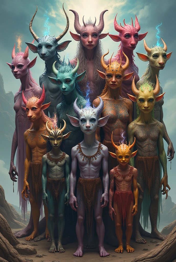 There are three alien people(soft human features) with horns and body paint, alien man with alien woman, zbrush contest winner, jessica rossier e brian froud, alien hybrids, female humanoid creature, and female humanoid creature child saurians, Sylvain Sarrailh e Igor Morski, hyperdetailed fantasy character, concept creature character art, zbrush central contest winner, ancient humanoid beings, full body on show, strong and anatomically perfect bodies, white hair, side-by-side, tribal clothing.