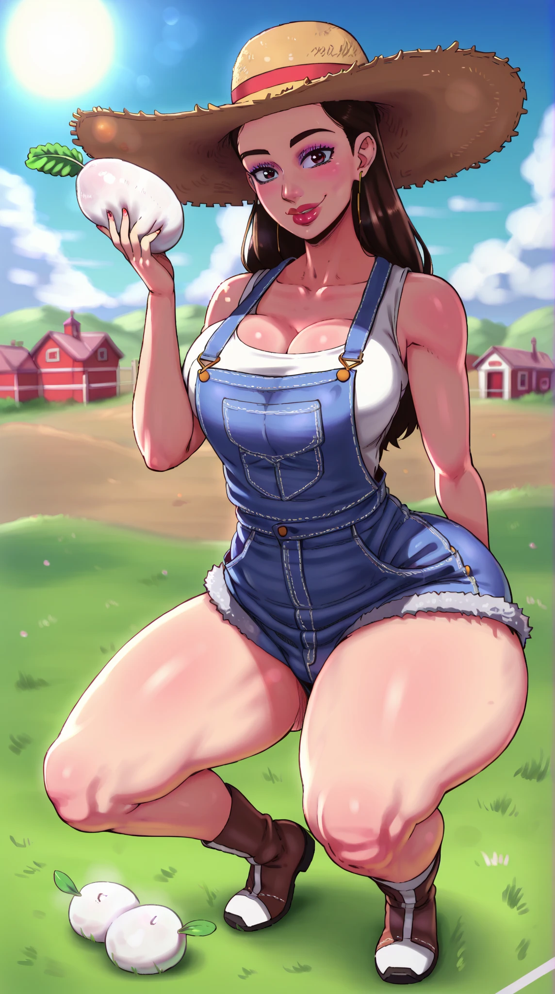 sexy country girl, wearing overalls, pant legs rolled up, tank top, arms are held above her head, haystacks, farmland,laughing hard, excited,eyes closed in laughter, sides being pinched, bare feet massaged, fingers poke,