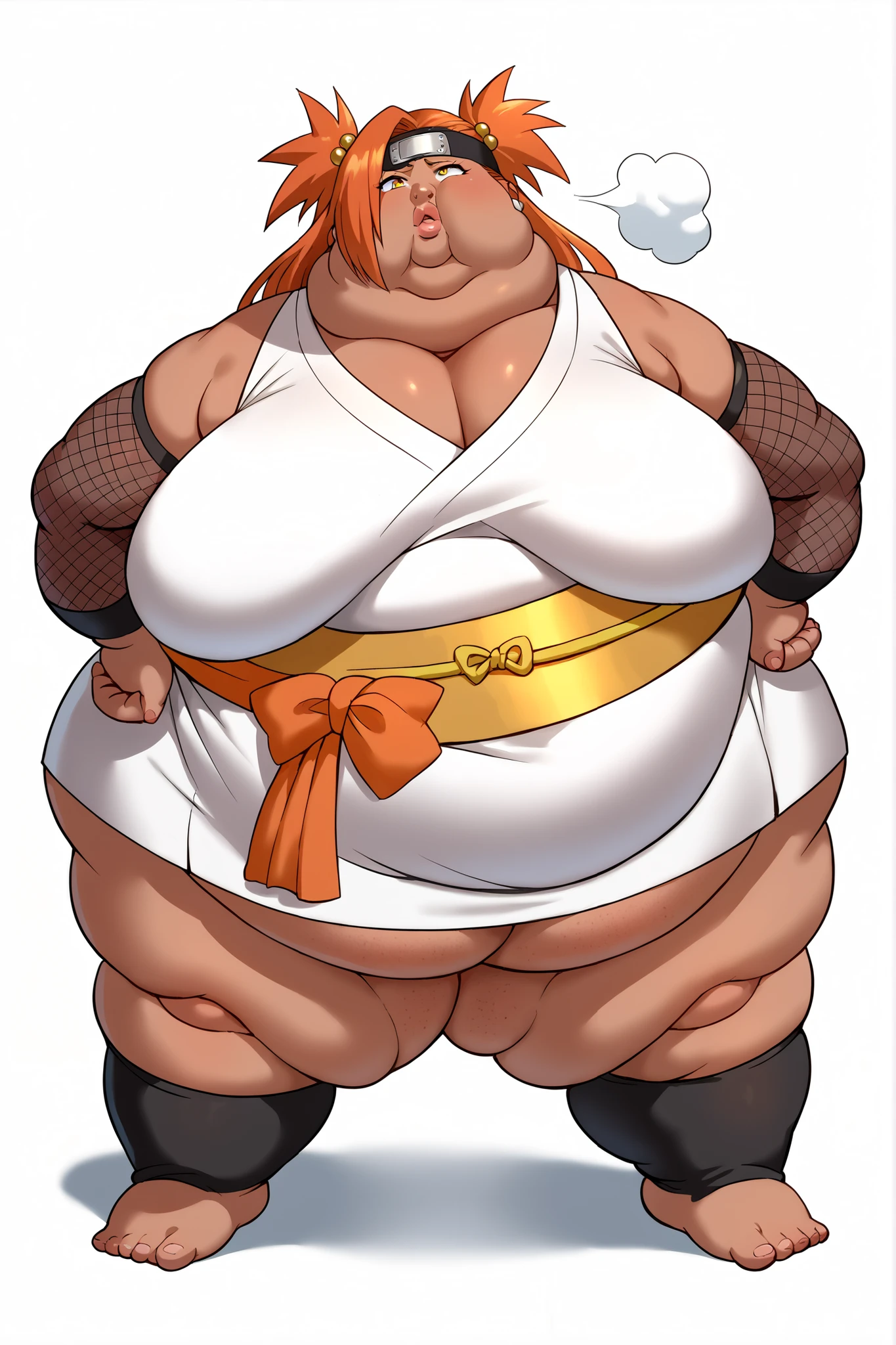 Fat_neck , Fat head , eyes with crushed cheeks , nose with crushed cheeks , mouth with crushed cheeks , chin roll , chubby, obesity, chubby, shortness of breath, Wide angle , Ultra-detailed illustration , masterpiece , top quality, fat, chubby, obese , score_9, score_8_up, score_7_up, score_6_up, score_5_up, score_4_up, source_anime, rating_safe, BREAK chouchou akimichi, 1girl, dark-skinned female, curvy, fat, orange hair, hair over one eye, two side up, long hair, yellow eyes, hair bobbles, white kimono, short kimono, sleeveless kimono, yellow obi, orange sash, fishnets, detached sleeves, black thighhighs, forehead protector, jewelry, earrings, giant hands, giant feet, fat, chubby, obese, gigantic arms and legs, gigantic breasts, sagging breasts, full body shot, fat face, chubby face, double chins, big lips,