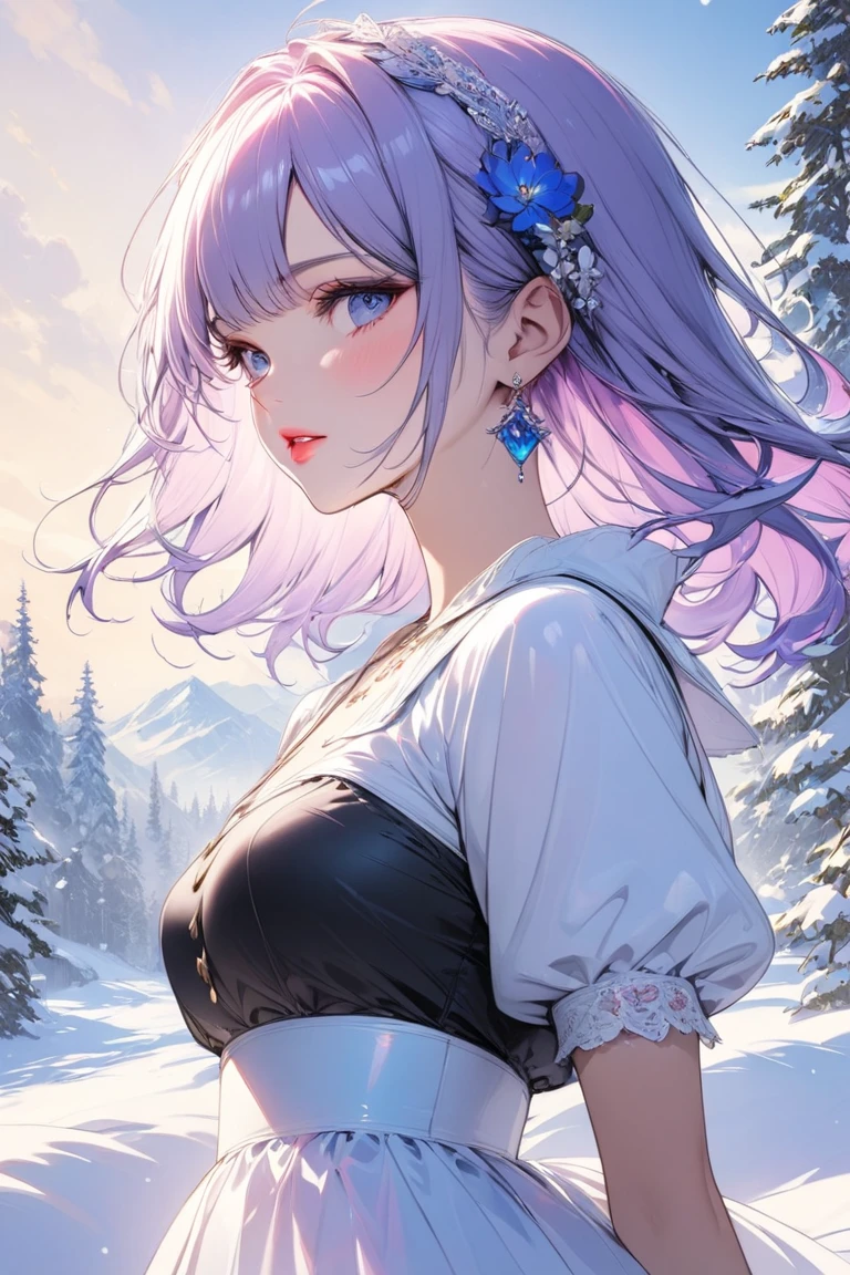 (photo_(Moderate):1.2), author Antonio J. Manzanedo, author:Jeremy Lipking, 1 Girl, Looking at the camera, (For the audience:1.1), (photorealistic:1.2), Surrealism, photorealism, close up, Head and shoulders, Purple Hair with Rainbow Streaks, short hair, Ponytail, Bangs, blue eyes, friendly, eyelash, In the snowy mountains,sit on the floor,Looking at the camera in horror,Wear only a bra on the upper body,Cross your arms in front of your chest to protect your chest,Cross your arms,,Subsurface Skin Scattering, symmetry, Depth of Field, 8K, Visual effects, Human Development Report, ringing