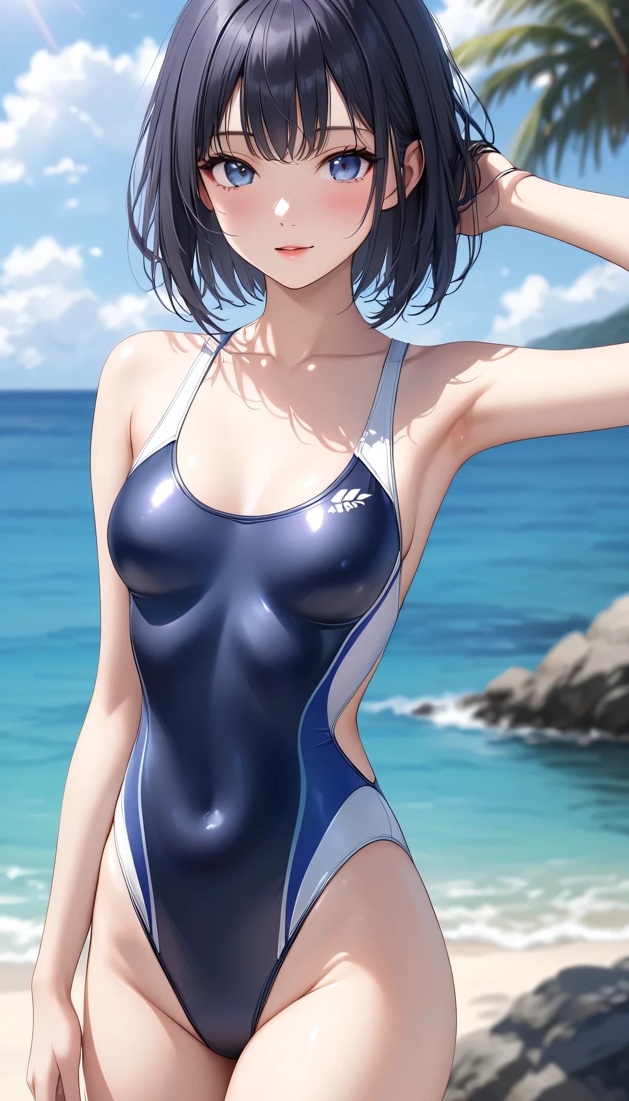 ((masterpiece,best quality,ultra detailed,high resolution)),(daytime,clear weather,front light),((solo,beautiful-woman)),(black hair,straight hair,himecut),(beautiful detailed face,beautiful detailed eyes),(finely detailed skin,fair skin),slender,light smile,(navy competition swimsuit,impossible clothes),(on the beautiful lake,beautiful sky),(small breast,perky breast),(nsfw),