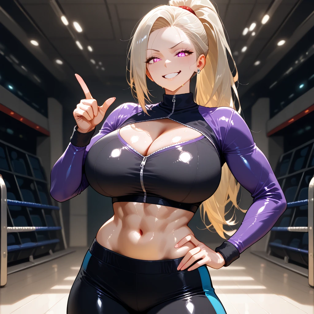 (absurdres, best high quality image, carefuly detailed features and textures, very detailed image, solo character alone, full view): {{(1character: 43 years old grey hair human noble african woman milf), ((african black skin), (blue eyes), (grey eyebrows), (beautiful features, absolute beauty), (pink lips), (grey long hair tied in a high ponytail), (voluptuous figure, big breasts, beautiful arms, beautiful legs)), ((violet two-piece wrestling outfit, violet wristbands, violet wrestling boots)), (sweet demeanor, standing and ready to wrestle), (wrestling gym ring)}}