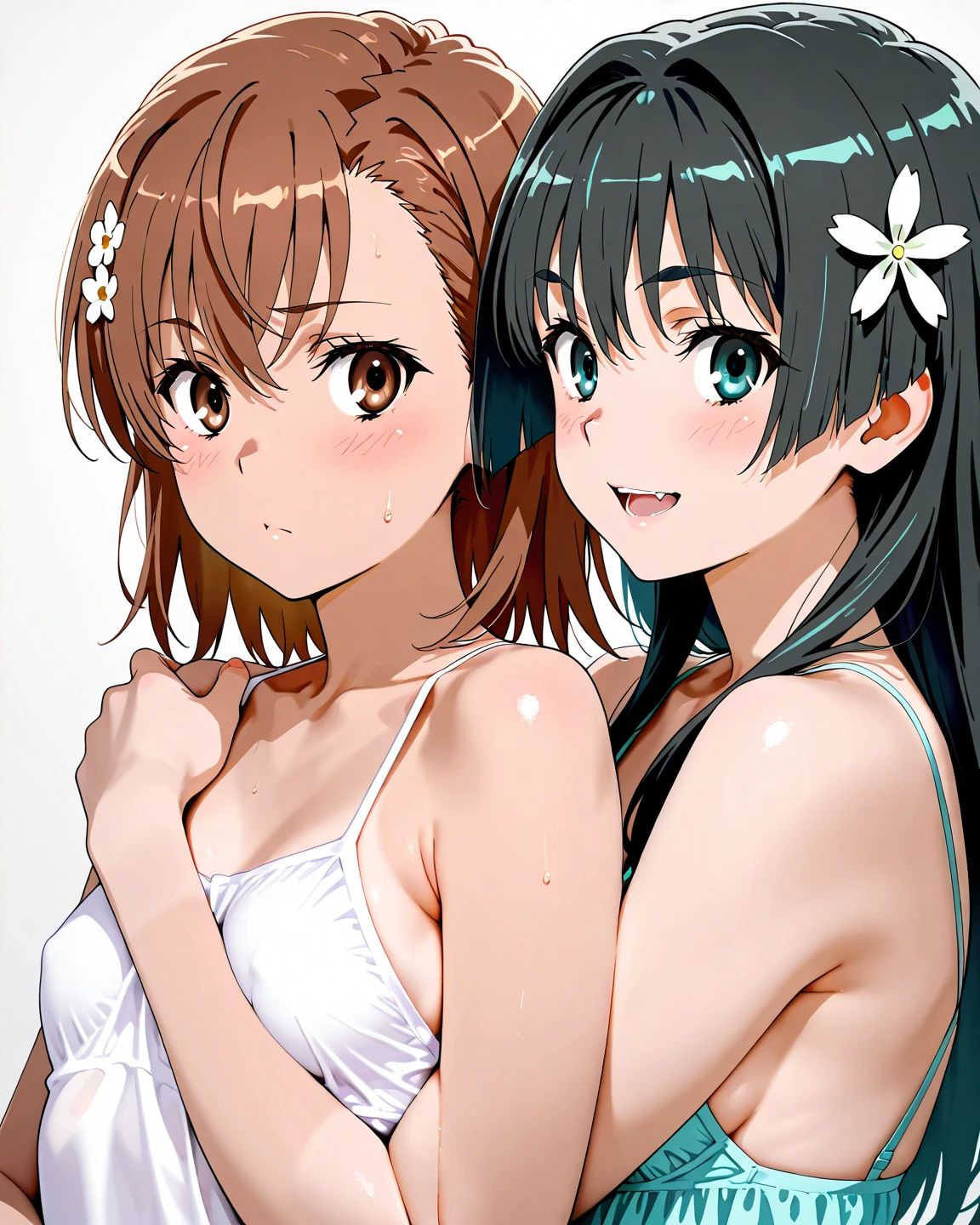 2girls, tiny girl, young girl, mesugaki, mesugaki smile, tidy, yoing lady, long hair, Black hair, short cut, camisole dress, swim suit, color, small breasts, big ass, thick thighs, Teasing, naughty looks, heart eyes, Lower arm, Focus on the girl, glossly skin, oily skin, Gravure, pinup, junior idols, image video, fellatio gestures, tongue sticking out, Drooling, milk, Close up of face, bust up, Masterpiece:2, Top Quality, high Quality, Very Detailed, ultra High Resolution, super High Resolution, Beautiful Detail, Dynamic angles, perfect lighting, 8k, Animation Style, cartoon style, game cg,