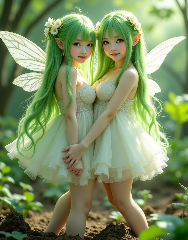 ((2 faeries girls, gorgeous, large firm push up breasts, faeries bra and dresses, neckline, 20 years old)), (in bioluminescent forest plants,fabulous night forest,magical radiance),Raw photo,ultra rea, uhd, realistic skin and hairs, best quality,16k resolution,vivid colors, little lake with luminescent effects, little faeries girl, (((the most beautiful cute girl faces in the world)))