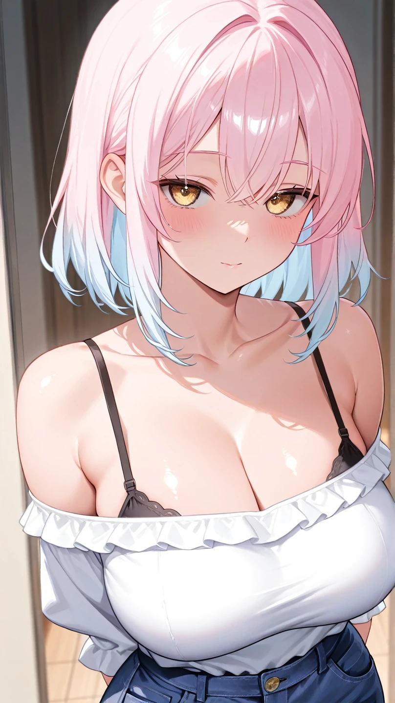 8k,1girl,Nekomiya Hinata,VTuber,game cg, solo, looking viewer, cinematic angle, masterpiece, best quality,happy ,pink hair,cat ear,big breast,face,hair ribbon ,blush,closed mouth,A gentle smile,A gentle smile,NSFW,:o,huge nipple,detailed skin,blue eyes,half closed eyes,Plastic bag tank top,bare shoulders,bare arms,Sideboob