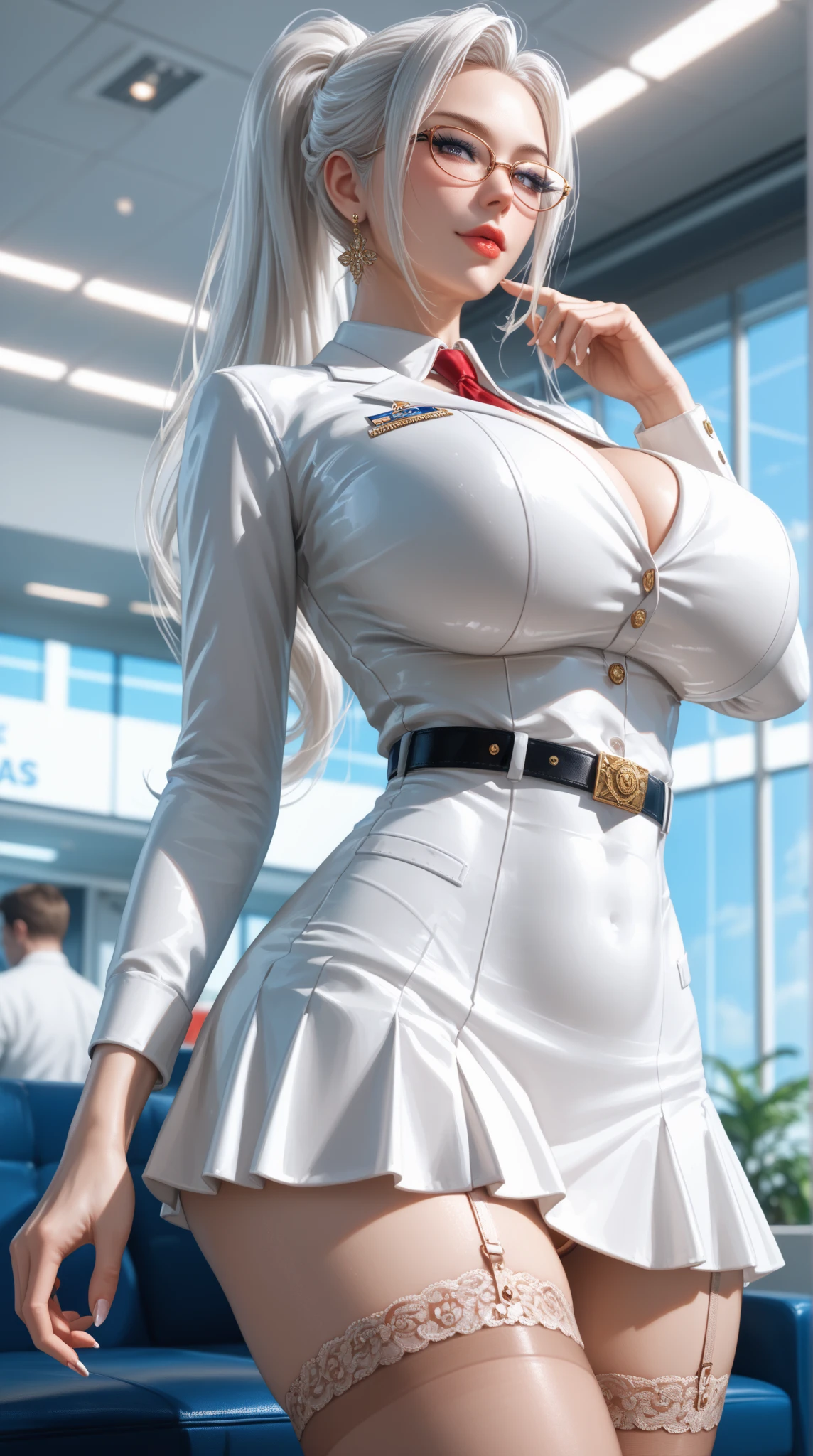 Highest quality、Simple Background、ID photo、Standing posture、Full body photo、Beautiful woman(perfection)、White Hair、Blonde、Long Hair、Straight Hair、futuristic school uniform(detailed)、High heels、Big Ass、Accentuated hips、Long skirt、Open crotch、Very large breasts、Uniform with exposed chest(detailed)、Nipples(detailed)、(見えるNipples:1.9)、Exposed breasts、20-year-old