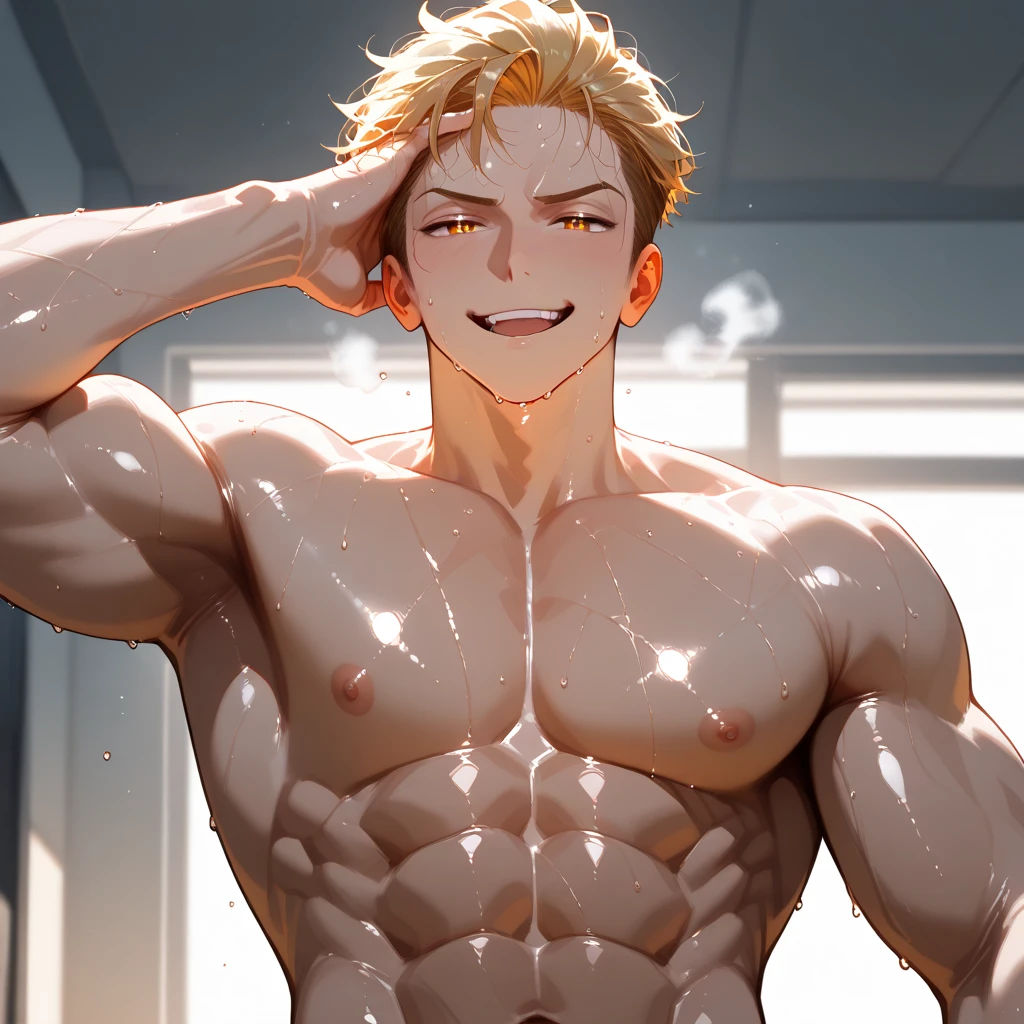 Katsuki Bakugo from Boku No Hero Academia, wearing gray sweat pants, smug smile, bodybuilder, defined body, shirtless, abs, big legs, white empty room, sexy, with the hands on the pockets, sweating, seen from below