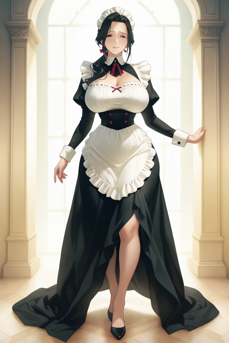 (masterpiece, best quality, high resolution, ((full body, standing,))((huge breasts)) 1 mature woman, black hair tied in a ponytail, red lipshighly detailed fantasy maid clothes, long dress, highly detailed maid headdress, gloves and stockings very detailed white color, serious, full body