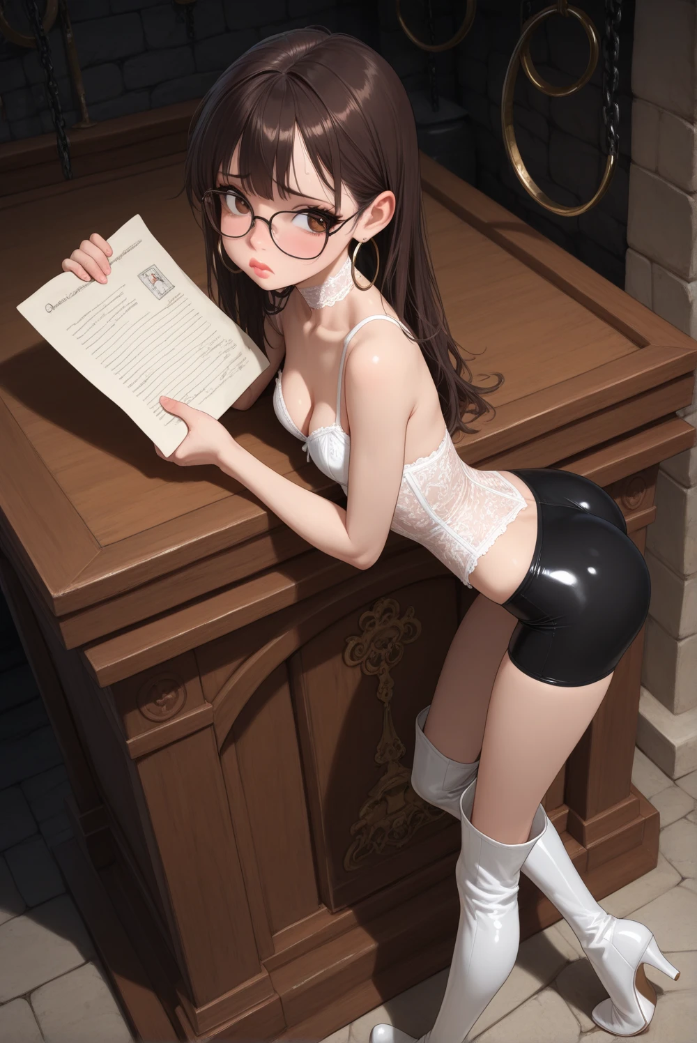 best quality,best resolution,(young :1.3),rabbit furry girl,white rabbit ears,white fur,black long hair,white fluffy rabbit tail,neck fur,round glasses,library,sit on table,naked,black thong,shy face,smile,heavy breath,very hot,spread legs
