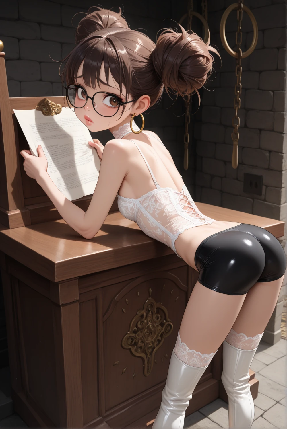 1boy, (solo:1.5), (flat chest), cowboy shot, simple background, minimalist background, (short hair), fluffy hair, curly hair, brown hair, (black shirt), glasses, round glasses, (androgynous:1.5), (feminine boy:1.25), (striped panties), (bulge), looking at viewer, from behind, butt, wide hips, butt, large butt, huge ass, large behind, large rear, suggestive, thigh-highs, (striped thigh-highs)
