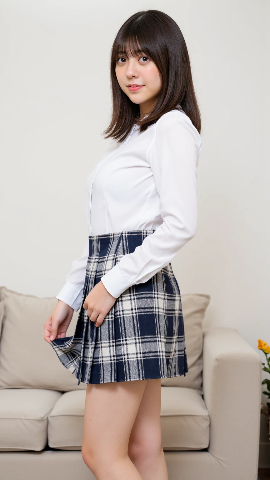 school blouse on bed, plaid skirt, (invisible, no humans, headless, faceless:1.5), cute big breasts
