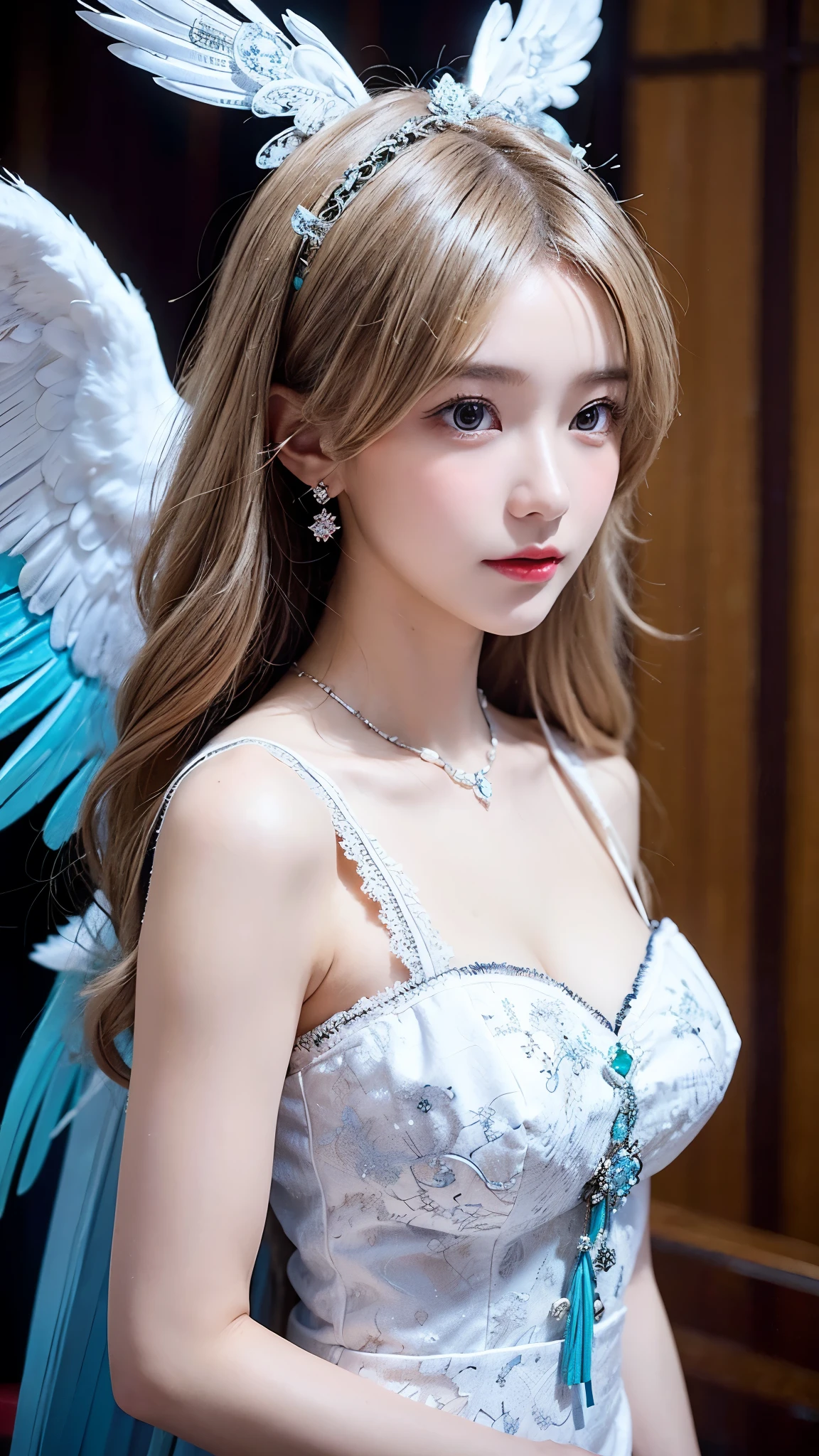 One wearing a white dress、Close-up of a beautiful woman with angel wings, beige hair, formidable (turquoise route), twisting the body, Details, Fabric headdress, intricate Details, 's charming gaze, Gorgeous jewelry, Dramatic Lighting, sacred atmosphere , Cinematic Composition, Photo Writing, 8,000, HDR, physically-based rendering, bright colors, Dark Fantasy, digital art