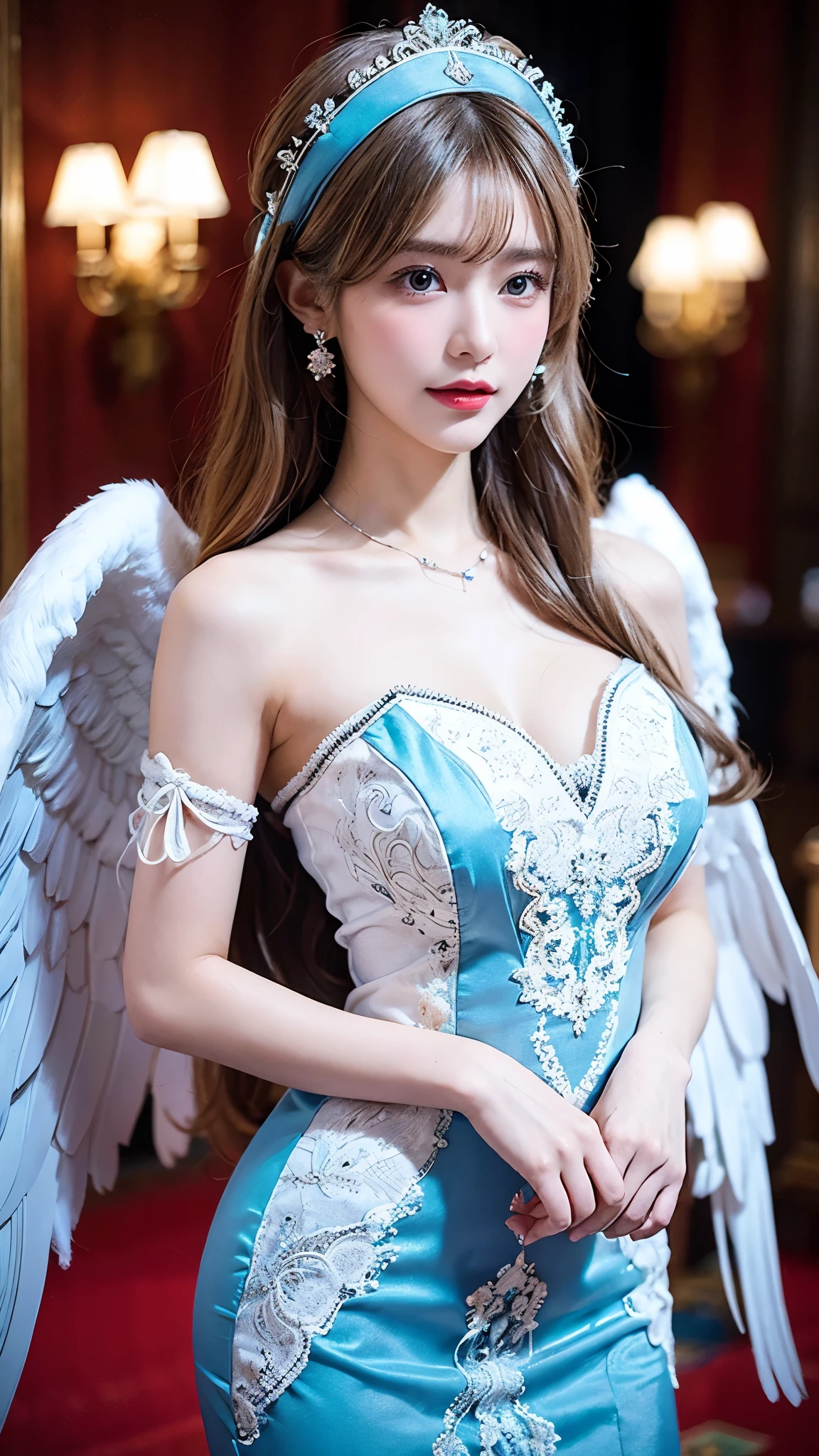 One wearing a white dress、Close-up of a beautiful woman with angel wings, beige hair, formidable (turquoise route), twisting the body, Details, Fabric headdress, intricate Details, 's charming gaze, Gorgeous jewelry, Dramatic Lighting, sacred atmosphere , Cinematic Composition, Photo Writing, 8,000, HDR, physically-based rendering, bright colors, Dark Fantasy, digital art
