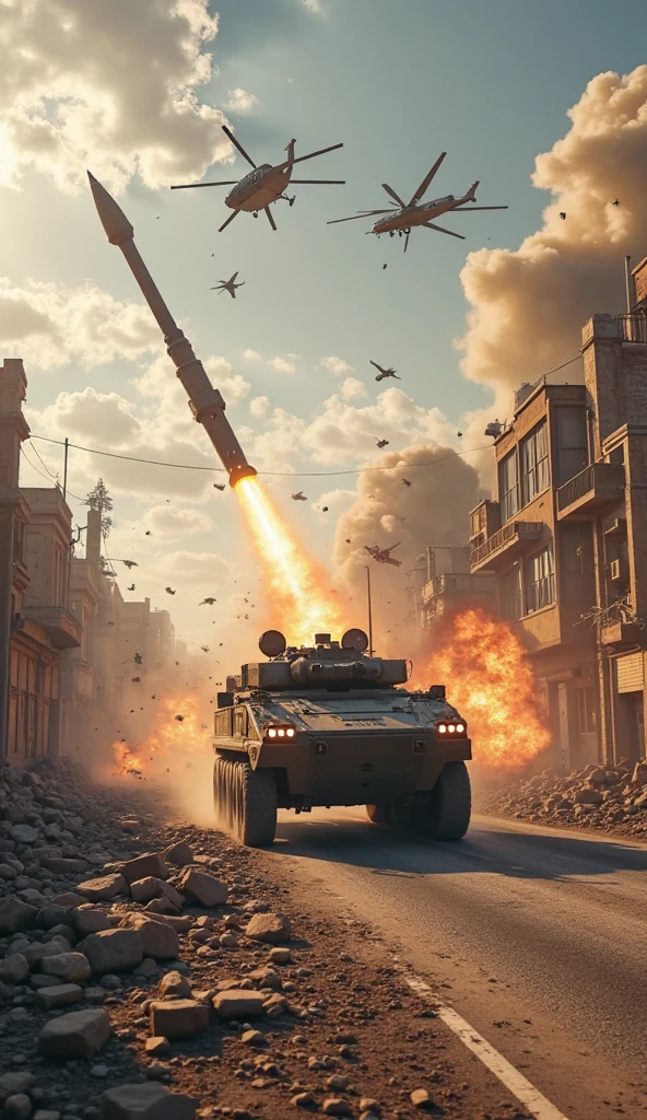 A visceral snapshot of a lmnrsstnk tank in the thick of combat, its armor scorched and dented from enemy fire. The tank pushes forward through a devastated cityscape, its main cannon blasting away obstacles and foes alike. Infantry soldiers rally around it, using the tank as a moving bastion against the onslaught. This moment captures the Leman Russ as the backbone of the Imperial Guard's might