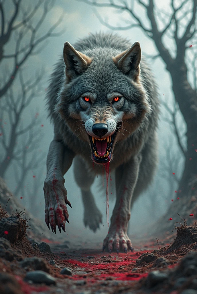 Lone wolf wounded in the eye on a rainy night