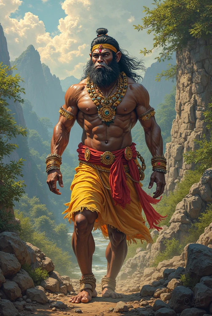 Hanuman stands in the rainbow forest.