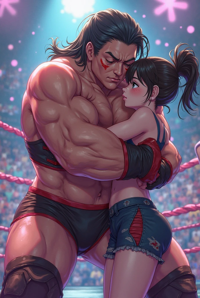 Wrestling. Girl in bikini lifts guy high by neck with hands , in the ring anime art, view from the back