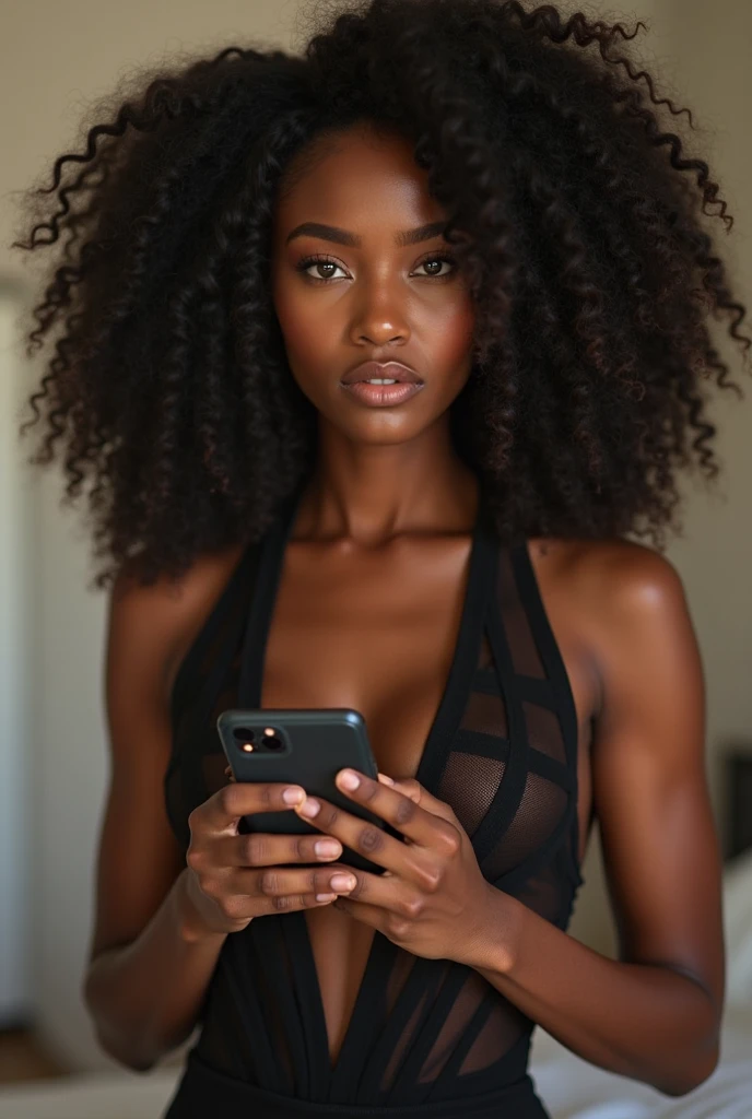 ((Super realistic ))there is a slim black woman with thick thigh, the woman has curly black curly, she has dark skin, with dark brownish skin, with curly, long black curly moist hair she is taking A selfie at the airport