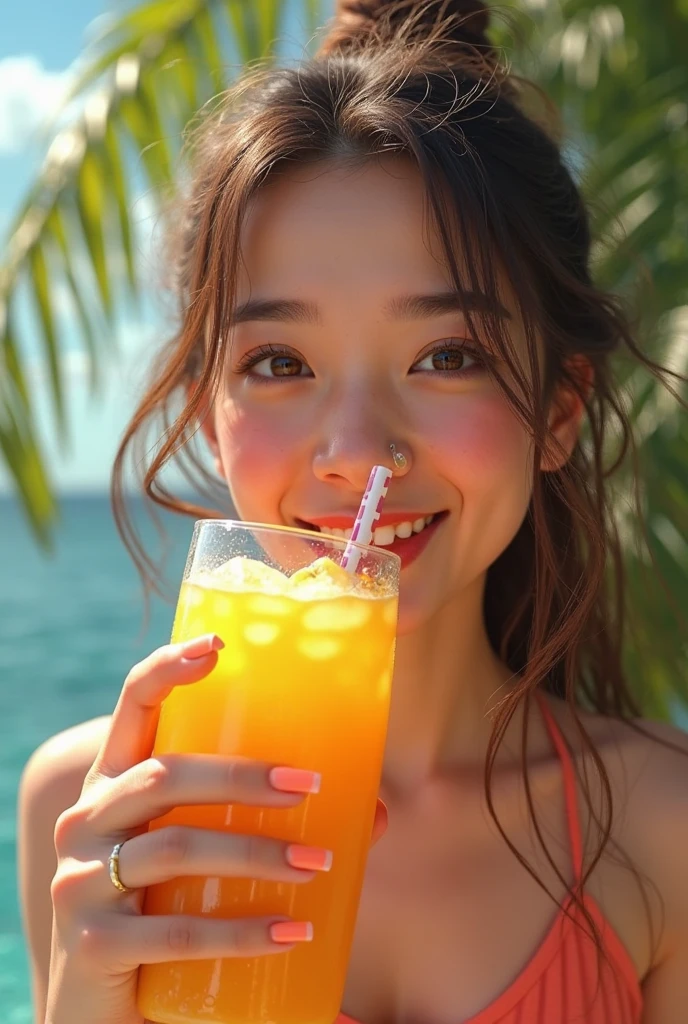 Man drinking juice on the beach chair