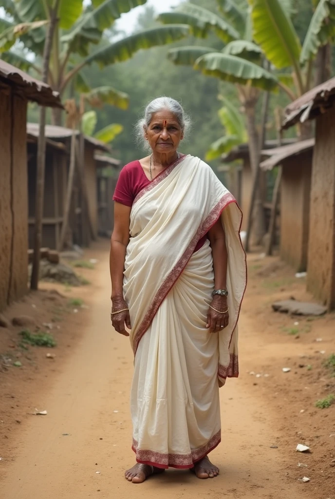 A 50years women wearing blue saree with red sticker on the head  and wearing gold bangles , black slippers and  walking on the roads in the village 
