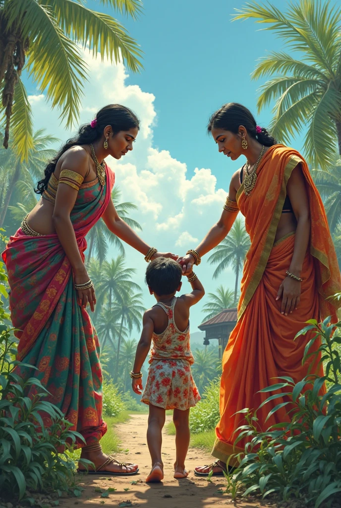 Fair skinned North Indian slave woman with fair skinned child, and dark skinned south indian slave woman with dark skinned child, gupta era, both are sitting beside a lake, slap eachother while tahing each others child