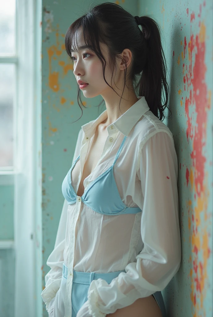 8K quality、High definition、Particles of light（0.5）、High definitionの瞳、slender、Soft Breasts、Red lipstick、Japanese high school girls、The hem of a rolled up skirt、Realistic female genitalia、Cleavage、classroom、Blonde、Healthy thighs、Long legs、Light Check Skirt、Light blue blouse、Unbuttoning the blouse、A blouse with a see-through bra、Small face、Put your feet on the desk、Up ponytail、White