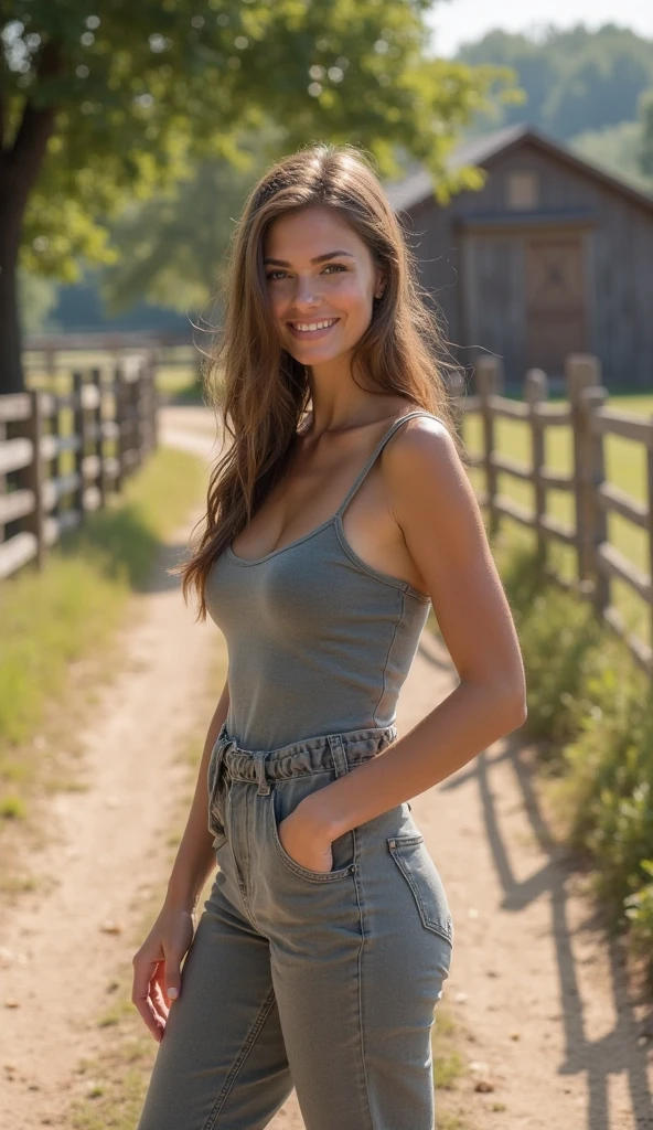 1girl in, 30 years old, Square face, Long hair, Looking at viewer, jewelry, Realistic, Sexy, farm outfit, farm background, free upper body pose