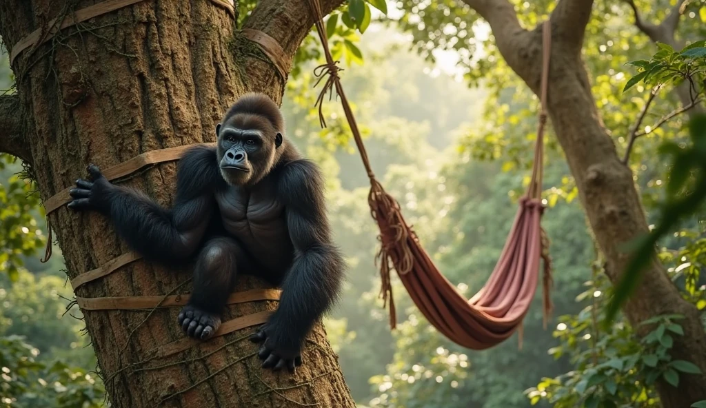 Gorila segurando uma banana dourada, hanging from a vine made of spider web, com um fundo de cidade grande, imagem em arte de quadrinhos