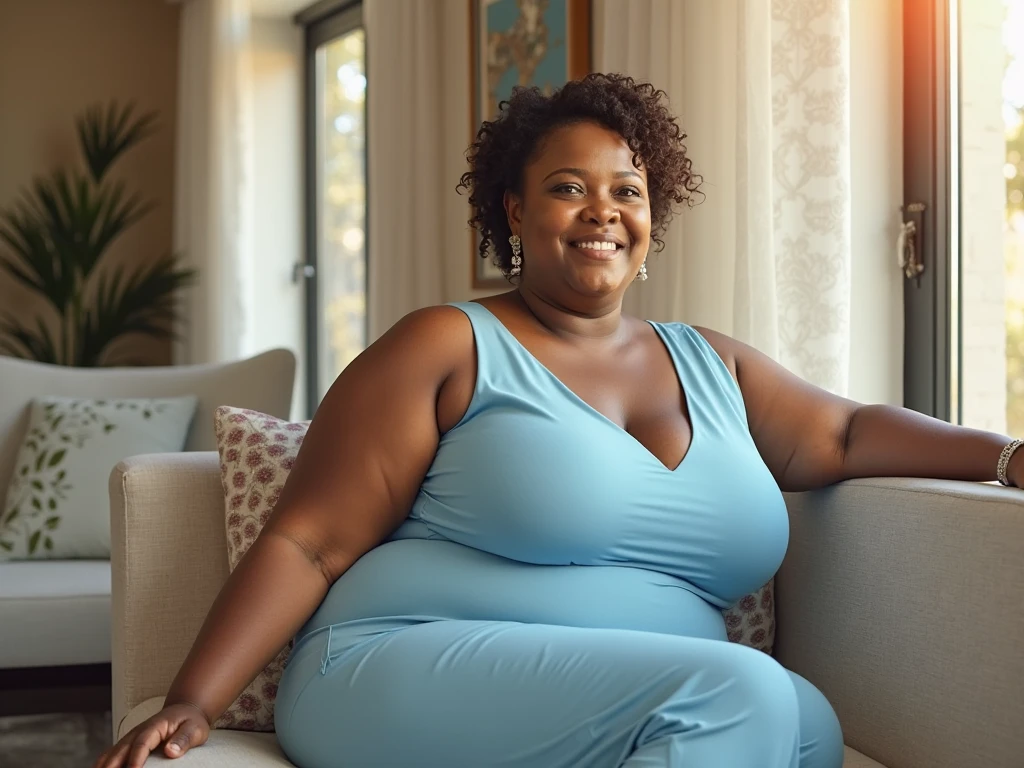 Dominican Latina mother with a curvy build and fair skin, sitting on the floor, wearing a sleeveless black blouse and black pants, with your curly hair pulled back in a ponytail, The photo must be taken from the front