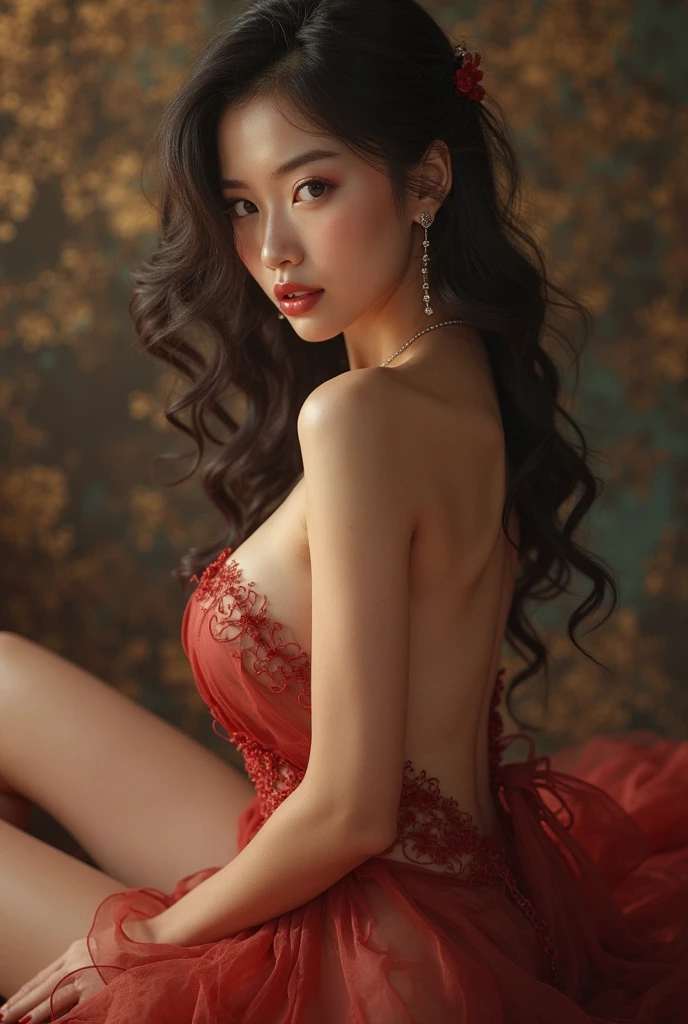 (realistic:1.3), Crazy details, quality, (Create a masterpiece:1.2), (ภาพrealistic:1.2), (qualityที่ดีที่สุด), (detailed skin:1.3), (complicated details), Ray tracing, ((full body image)), ((1 woman)), (((1 person))), 18-20 years old, long hair, smile, red dress, patterned skirt, Contrast color between dress and skirt, skirt pattern, earring, necklace, Javanese jewelry, ((chestใหญ่, beautiful breast, เสริมchest, chestอวบอิ่ม)), (blurred background, long legs), [{Tattoo, chest,left,flower}]